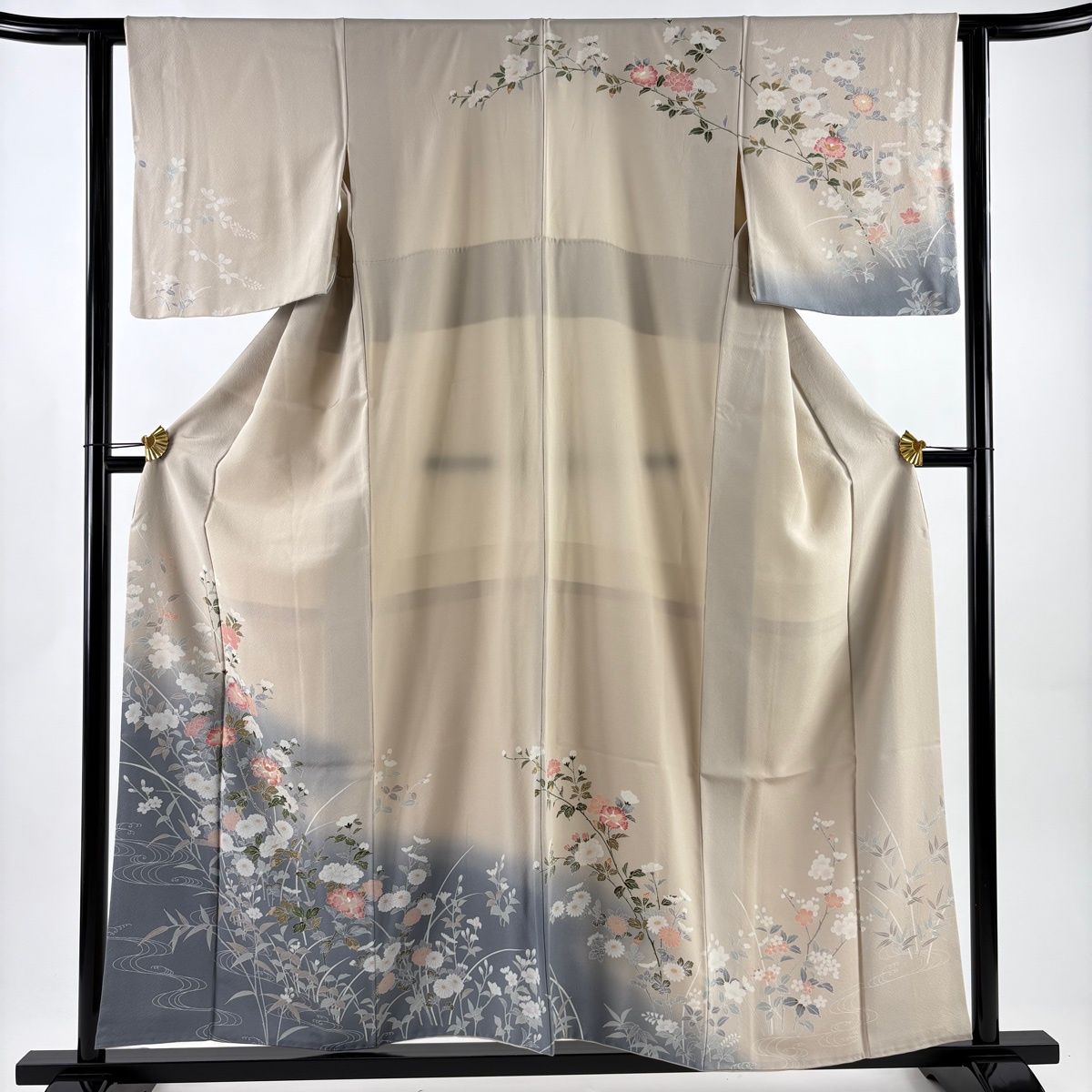 訪問着 身丈156 cm 裄丈62 S 袷 草花 流水 ぼかし ピンクベージュ 正絹 秀品