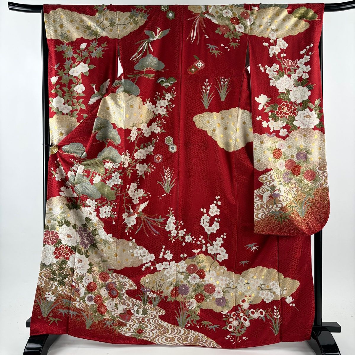 振袖 身丈168cm 裄丈66cm M 袷 松竹梅 牡丹 金彩 赤 正絹 秀品 【中古