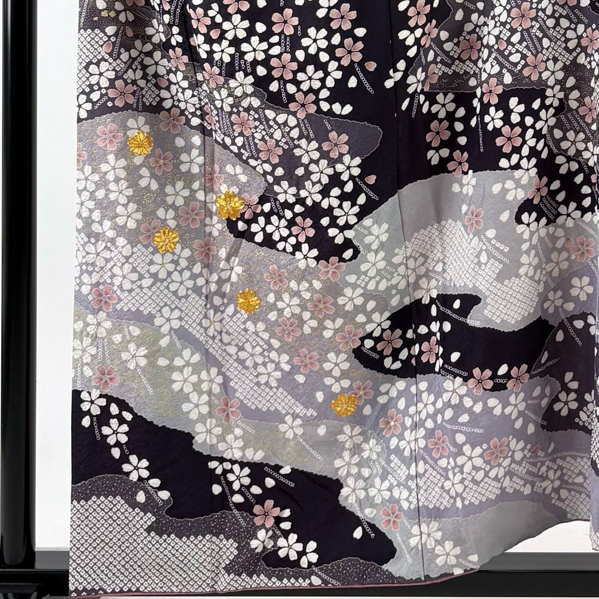 訪問着 身丈156.5 cm 裄丈65 M 袷 霞 桜 金糸 金彩 濃紫 正絹 秀品