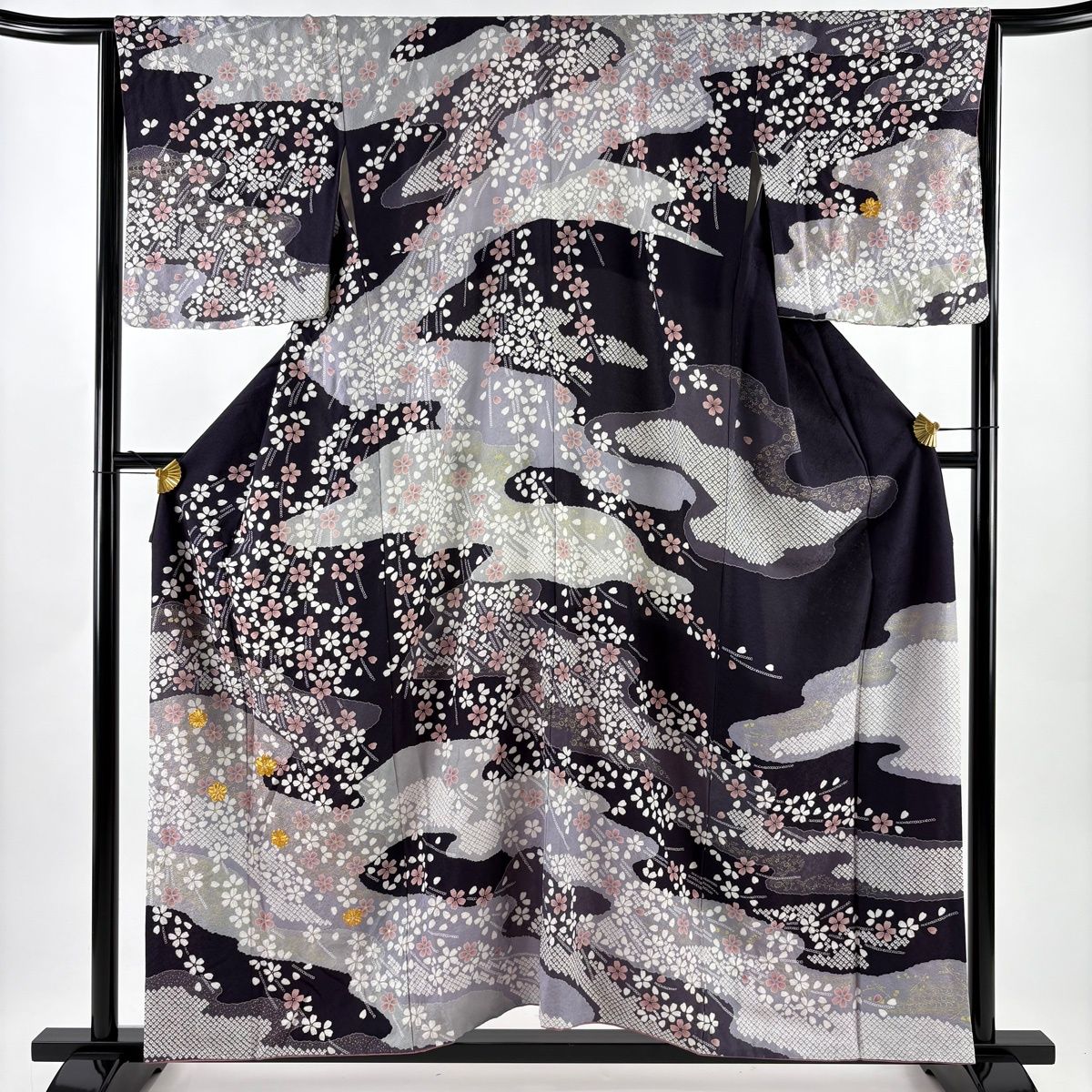 訪問着 身丈156.5 cm 裄丈65 M 袷 霞 桜 金糸 金彩 濃紫 正絹 秀品