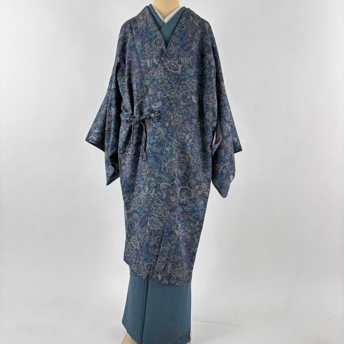 道中着 身丈112 cm 裄丈69 L 和装コート 更紗 青緑 正絹