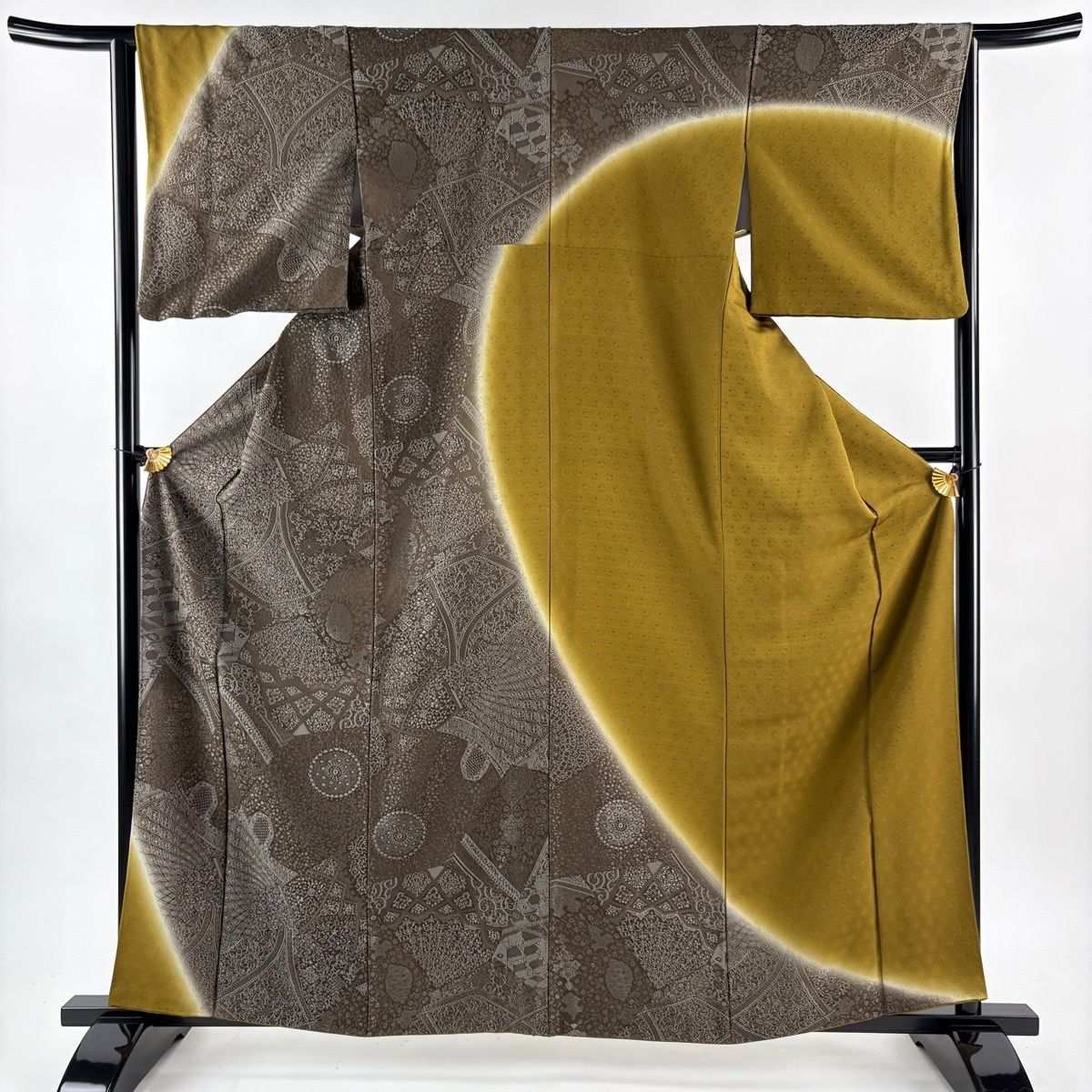 訪問着 身丈162 cm 裄丈64 M 袷 華文 幾何学模様 染め分け ぼかし 焦茶色 正絹