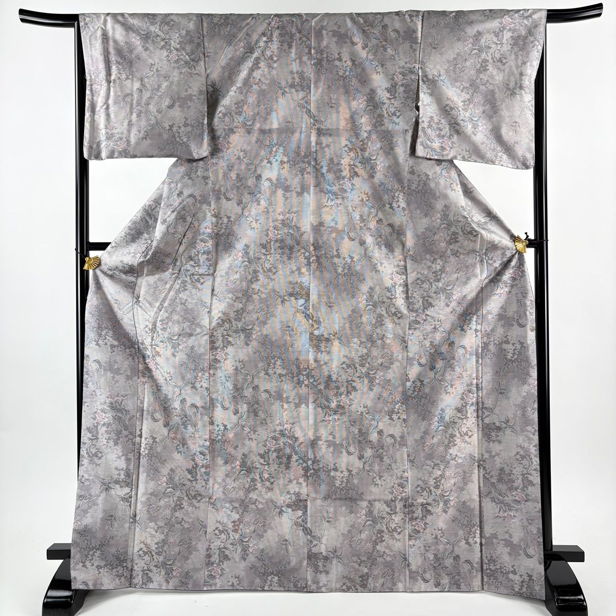 大島紬 身丈170 cm 裄丈66 M 袷 都喜ヱ門 やまと 証紙 草花 灰紫 正絹