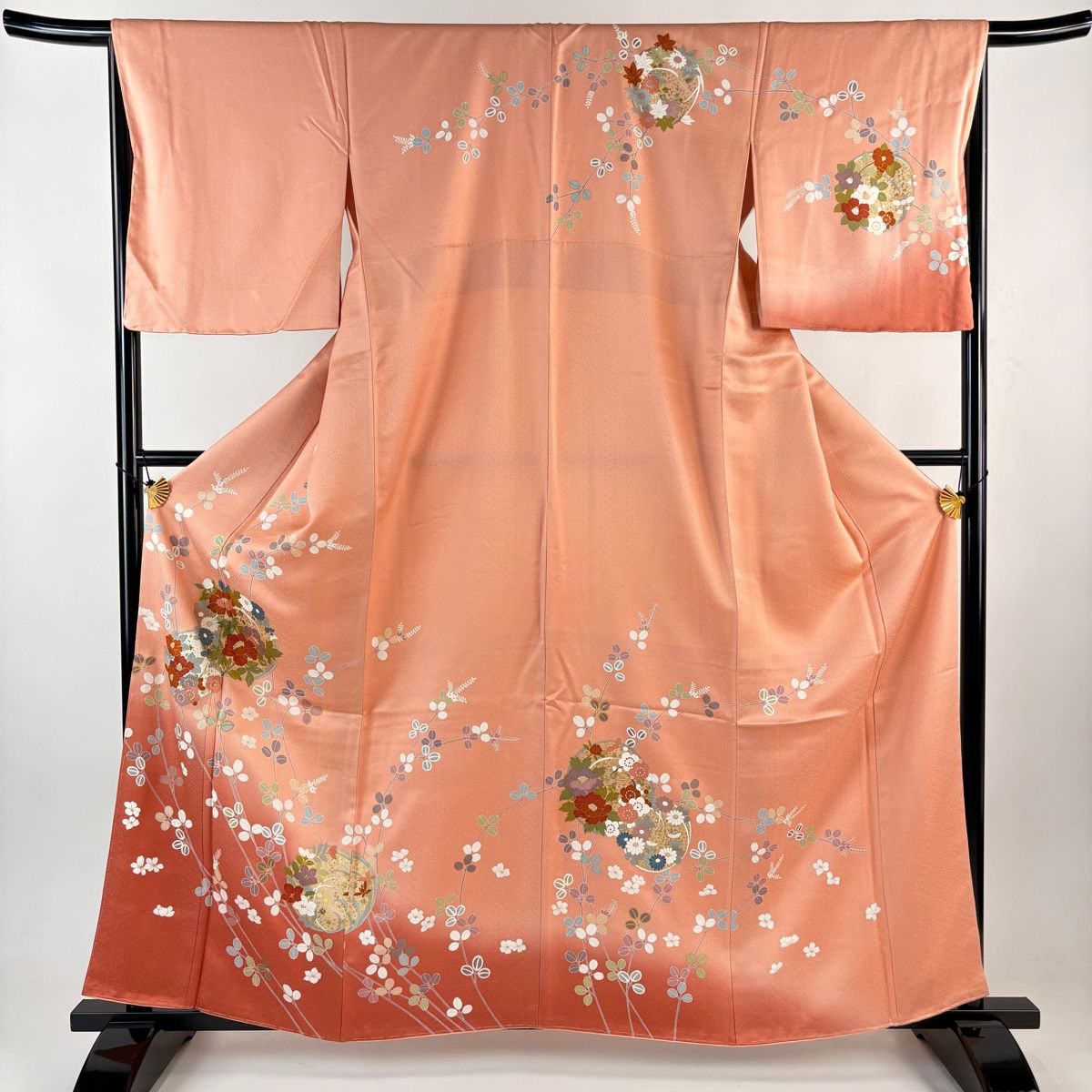 訪問着 身丈160.5 cm 裄丈67.5 L 袷 花丸文 萩 金彩 ぼかし サーモンピンク 正絹 名品