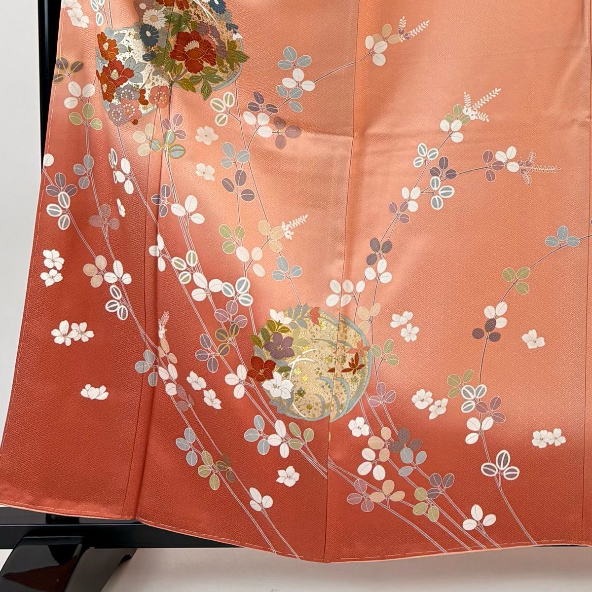 訪問着 身丈160.5 cm 裄丈67.5 L 袷 花丸文 萩 金彩 ぼかし サーモンピンク 正絹 名品