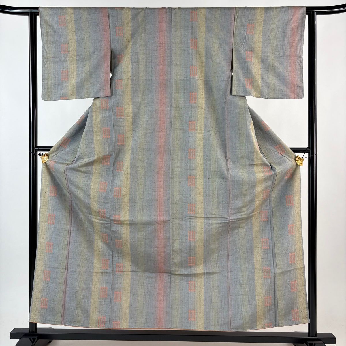 紬 身丈157 5 cm 裄丈61 S 袷 縦縞 幾何学模様 青灰色 正絹