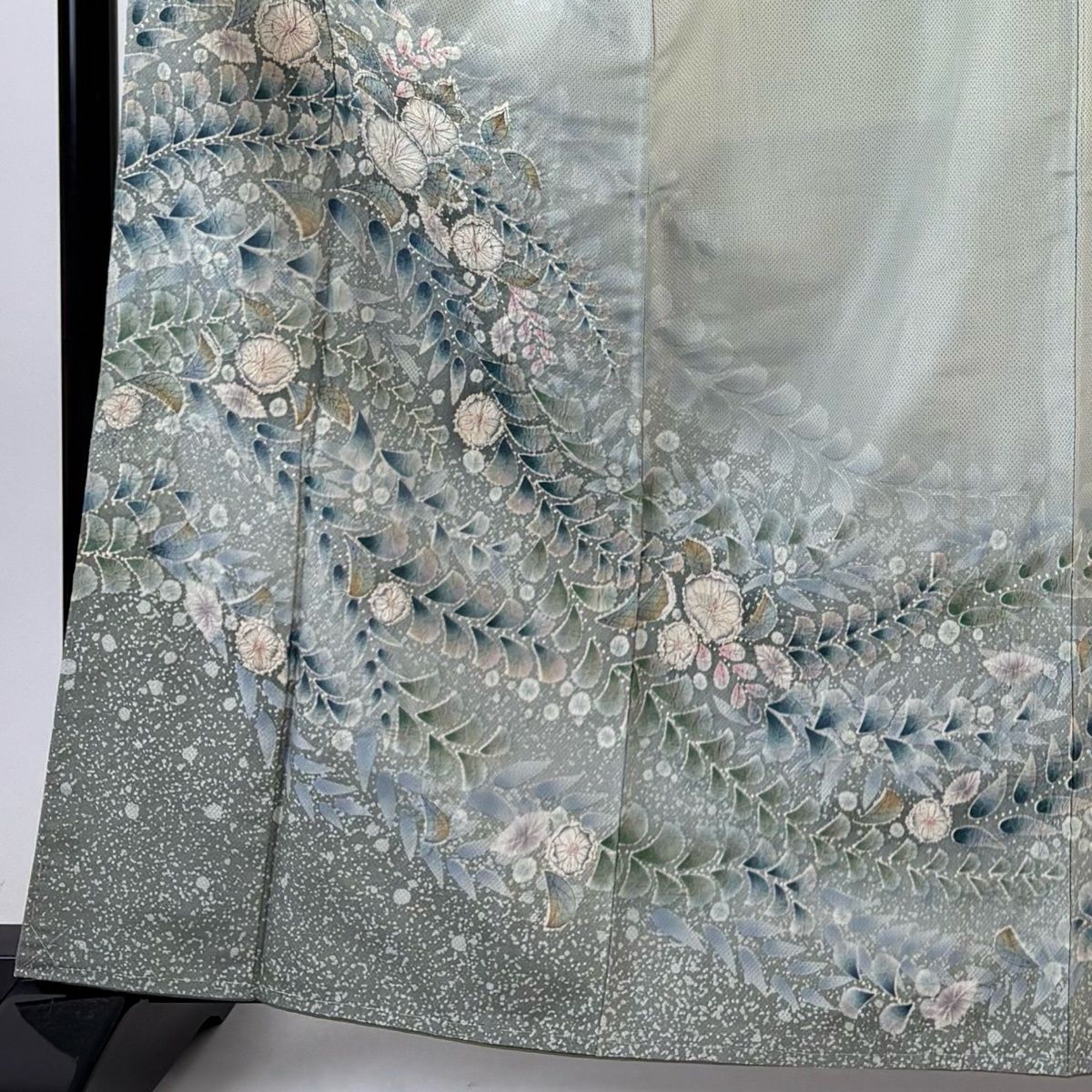 付下げ 身丈163.5 cm 裄丈67.5 L 袷 紬地 辻が花 ぼかし 灰緑 正絹 名品