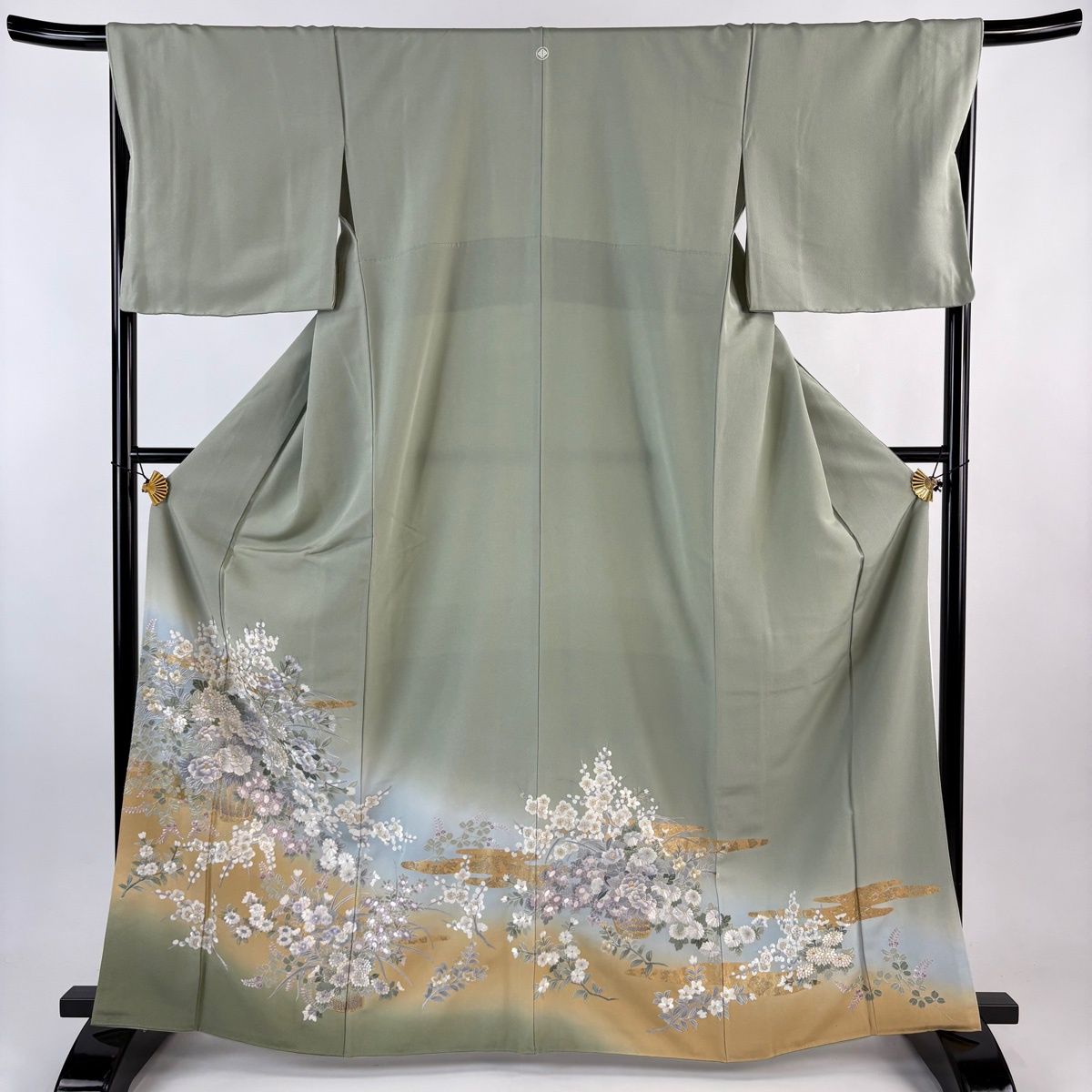 色留袖 身丈165 5 cm 裄丈67 M 袷 花籠 菊 金糸 刺繍 灰緑 正絹 一つ紋