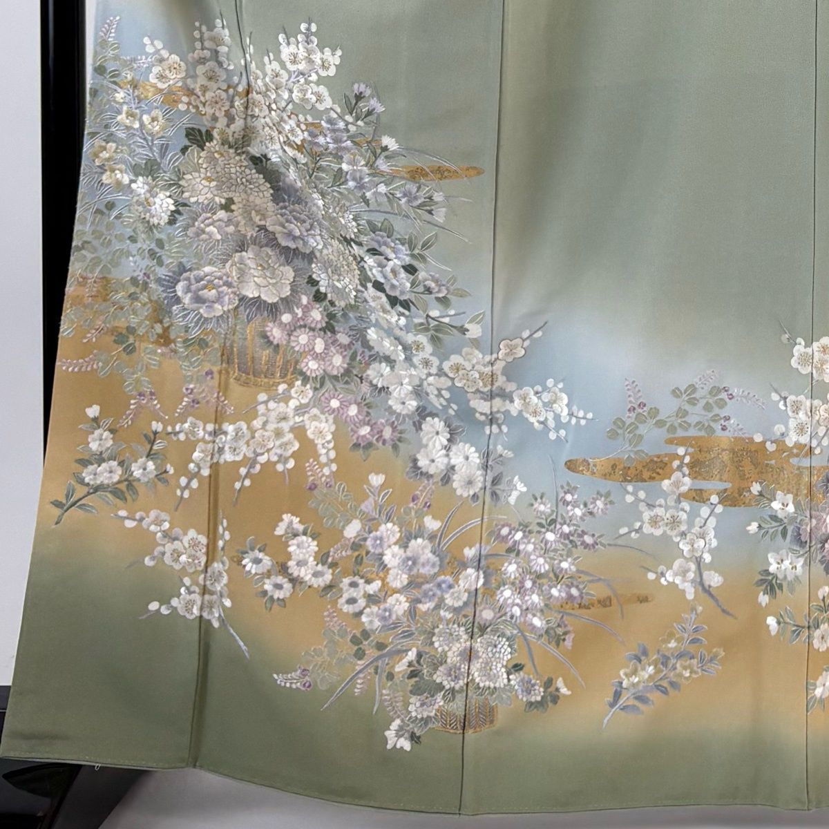 色留袖 身丈165.5 cm 裄丈67 M 袷 花籠 菊 金糸 刺繍 灰緑 正絹 一つ紋