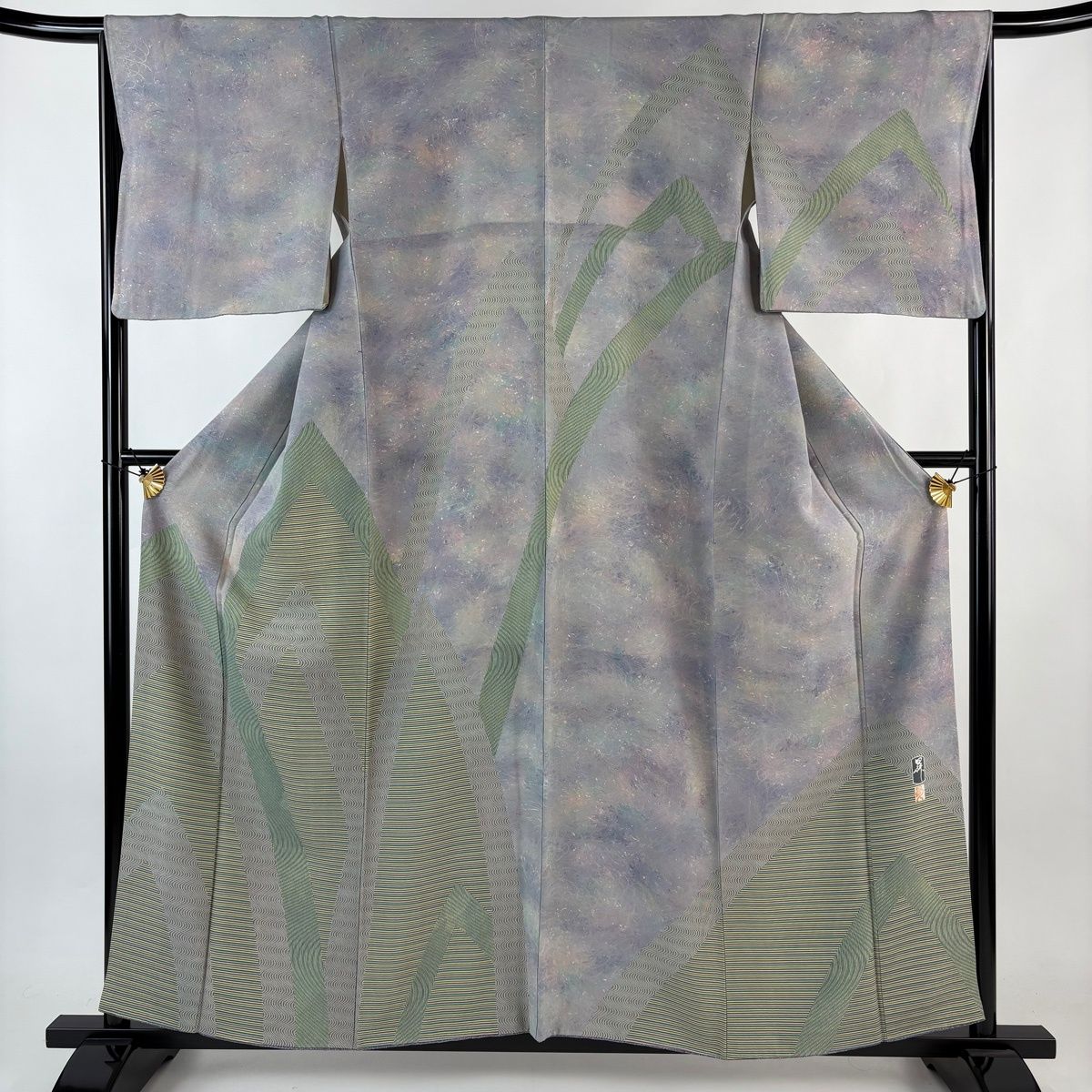 訪問着 身丈158 cm 裄丈65.5 M 袷 落款 幾何学模様 縞 灰紫 正絹 名品