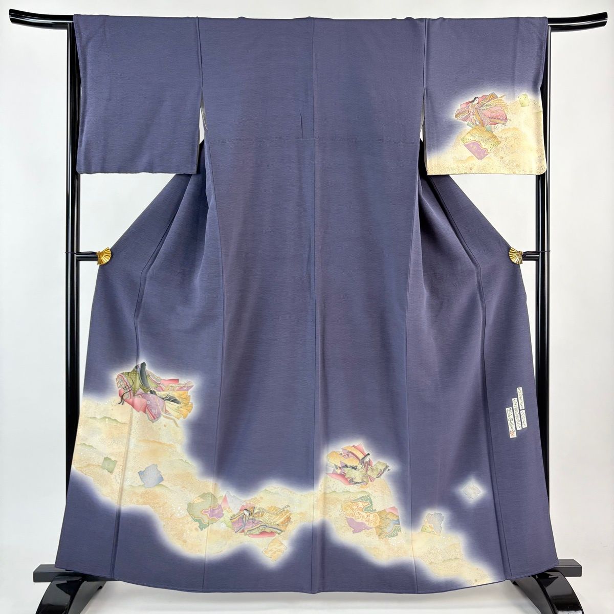 付下げ 身丈162.5 cm 裄丈65 M 袷 樽本伊勢蔵 落款 姫 破れ色紙 金銀彩 紺色 正絹 名品
