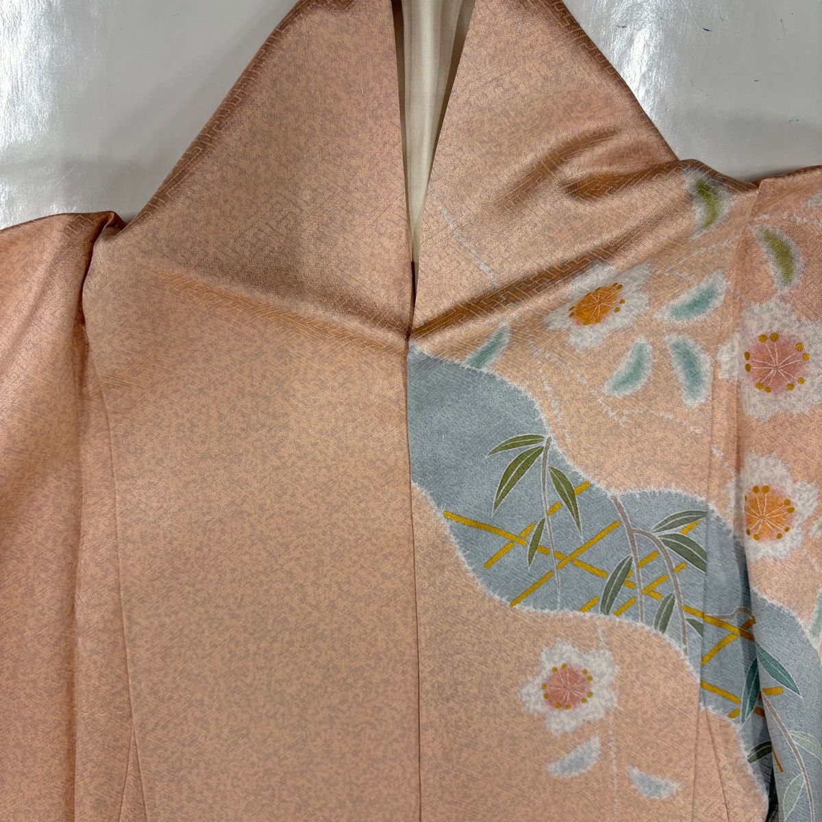  訪問着 身丈155 cm 裄丈63.5 S 袷 落款 草花 青海波 金糸 金彩 ピンク 正絹 訪問着 付け下げ 着物