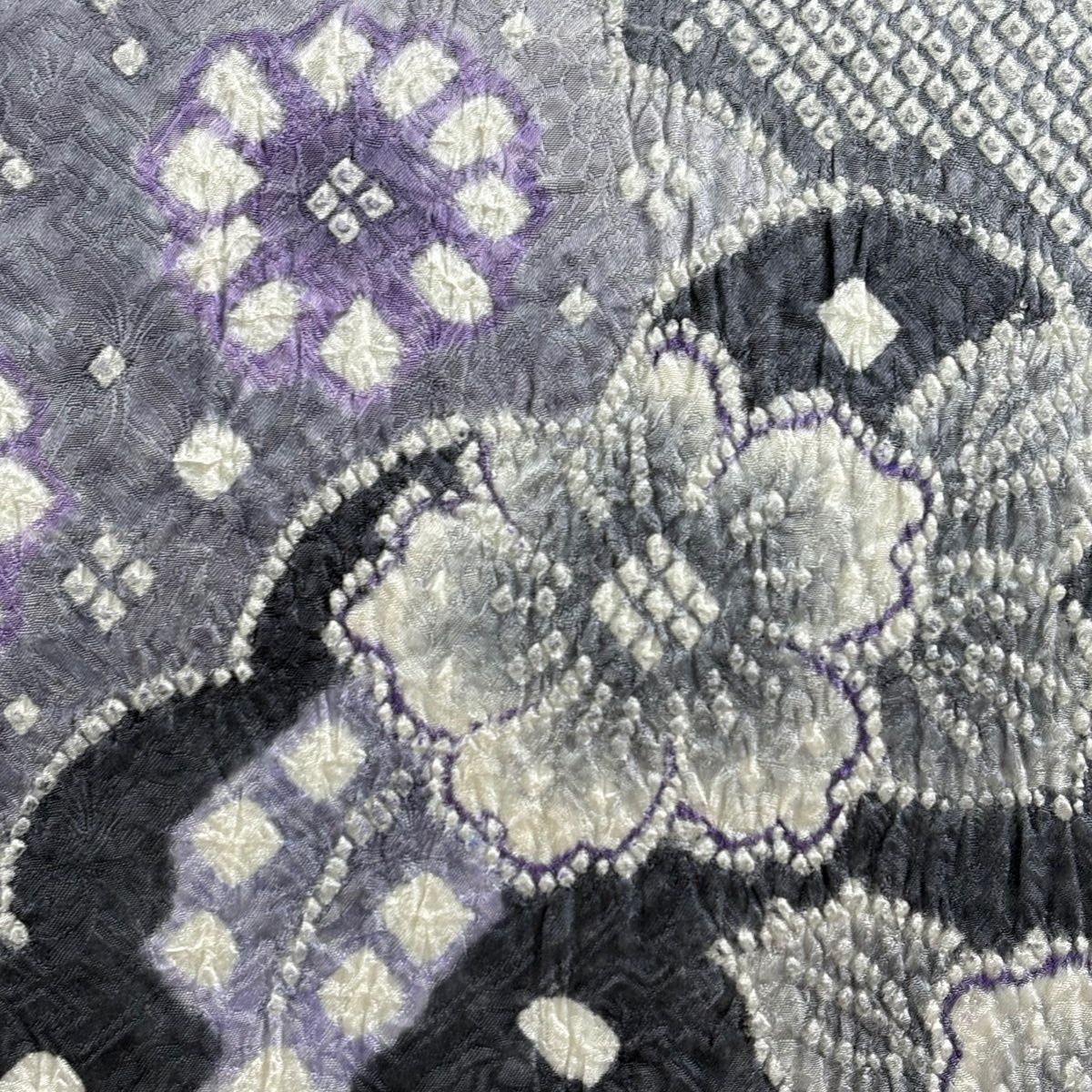 名古屋帯 雲文 草花 総絞り 黒灰 正絹