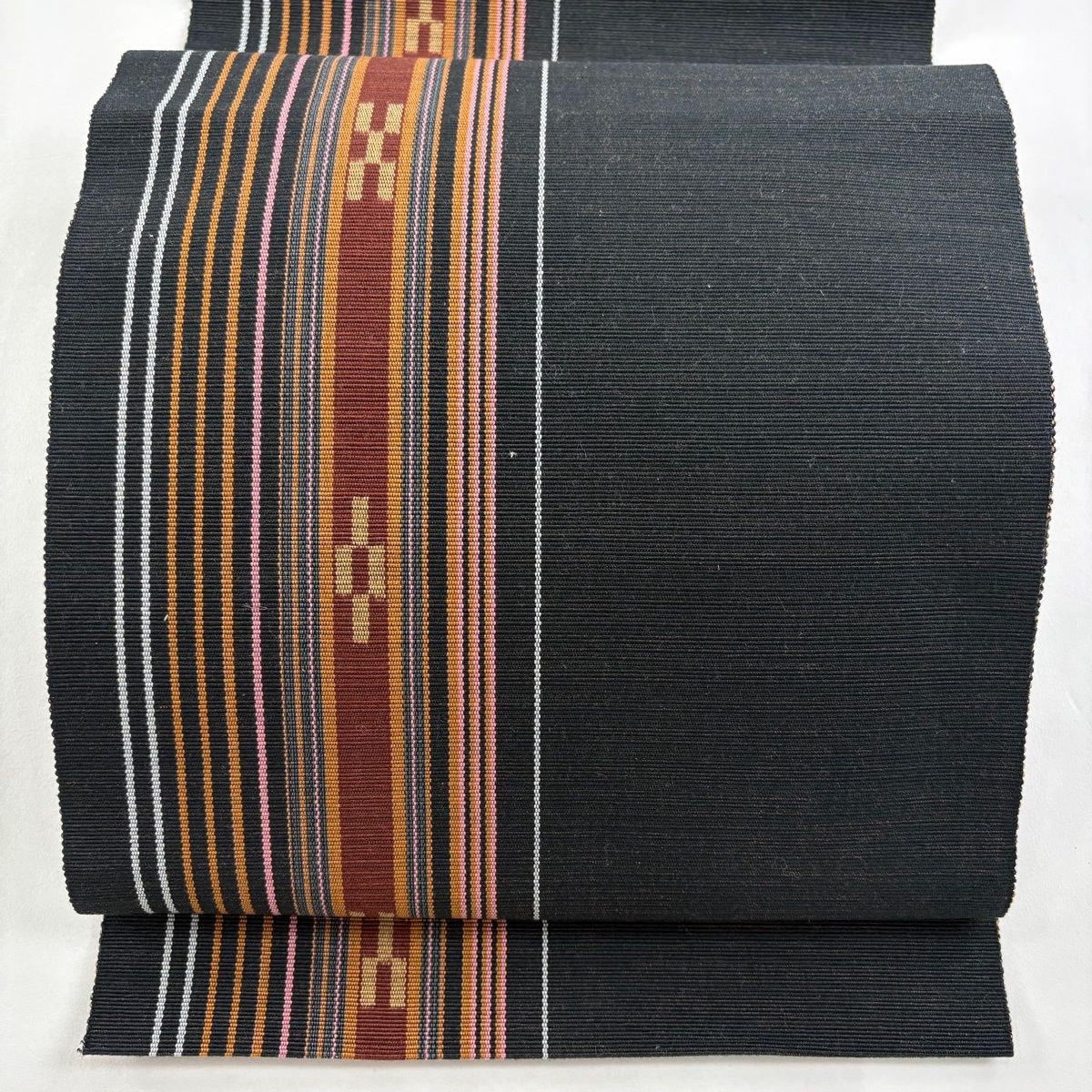 名古屋帯 証紙 八重山みんさー 八寸名古屋帯 松葉仕立て 縞 幾何学 黒 綿