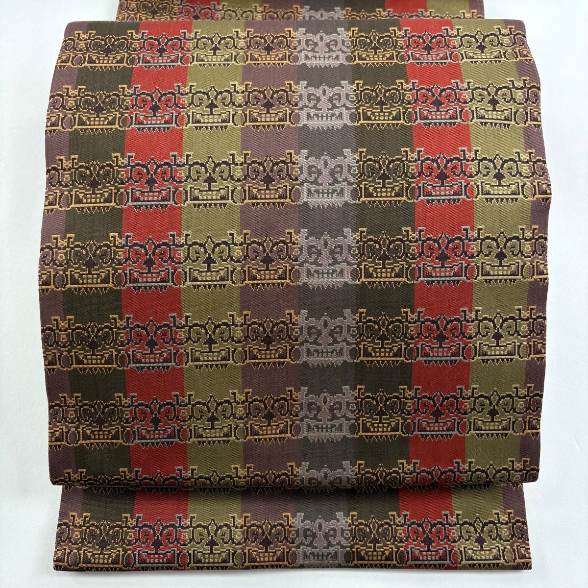 開き名古屋帯 龍村美術織物 比翼仕立て 縞 幾何学模様 茶緑色 正絹