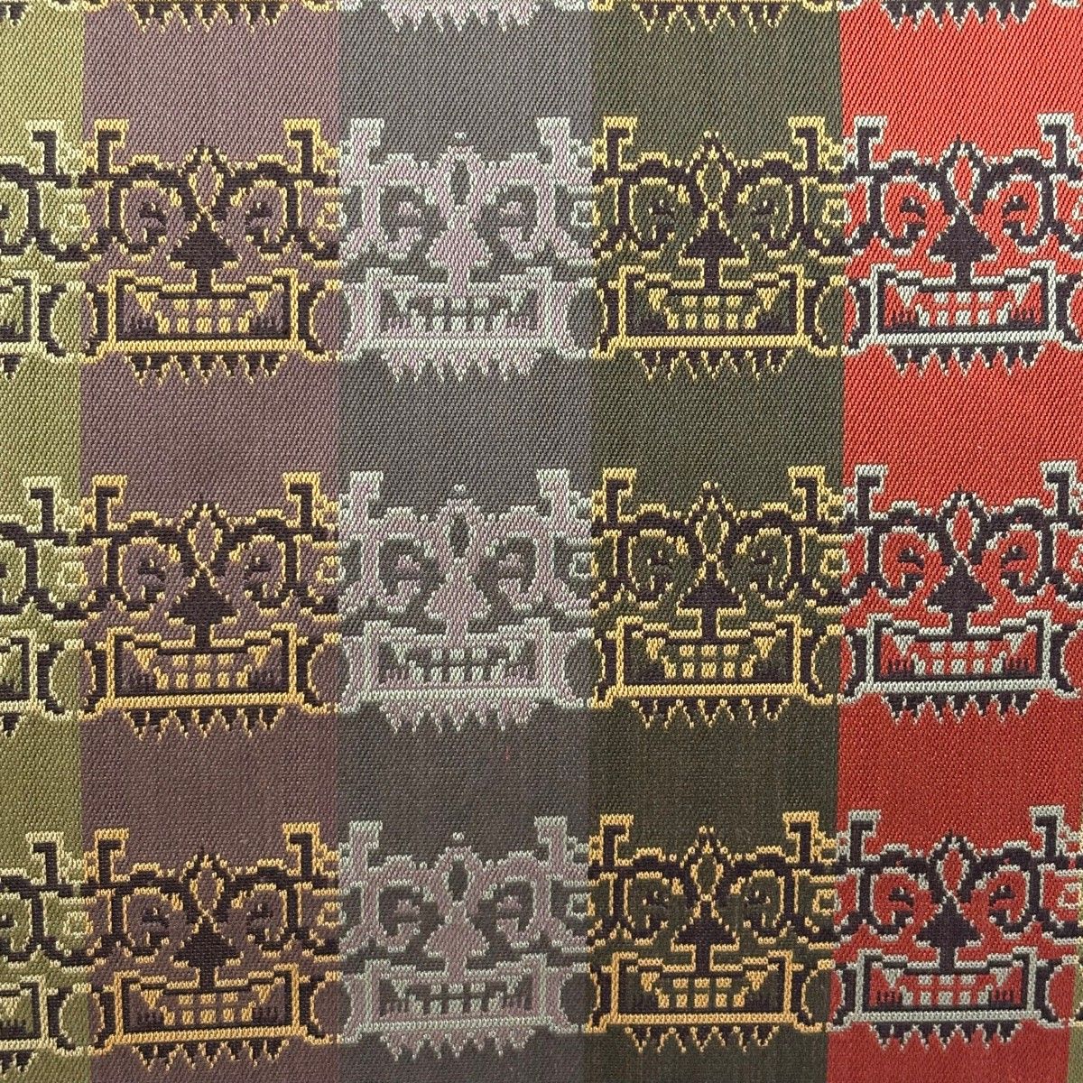 開き名古屋帯 龍村美術織物 比翼仕立て 縞 幾何学模様 茶緑色 正絹