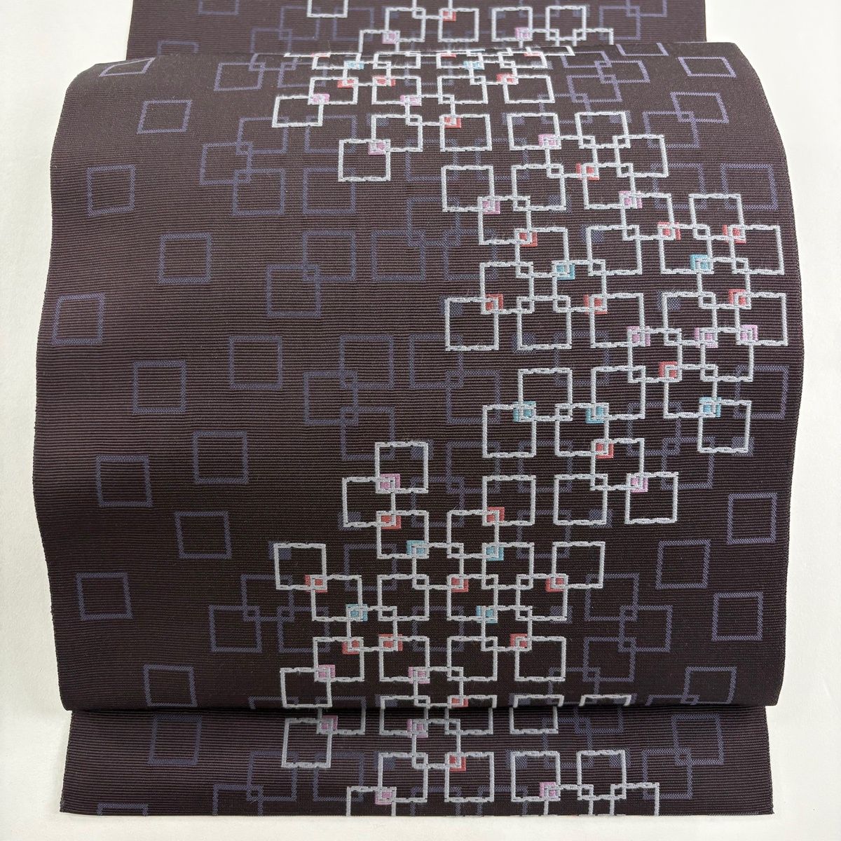 美品】 名古屋帯 逸品 八寸名古屋帯 松葉仕立て 幾何学 濃紫 正絹