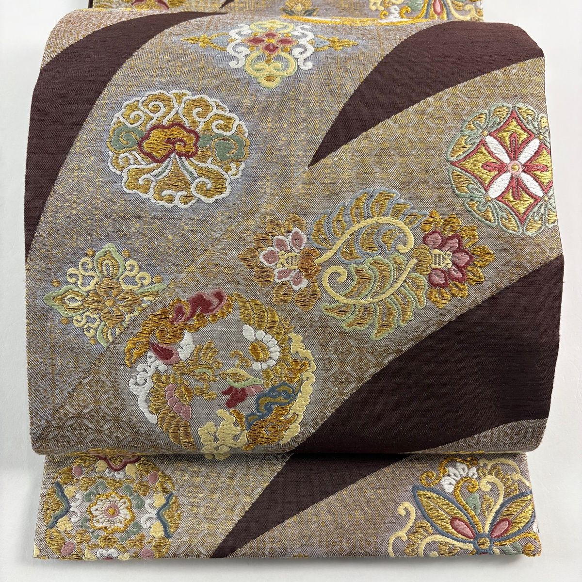 美品】 袋帯 秀品 紬地 波流華鳥明園 金糸 刺繍 茶紫 六通 正絹 