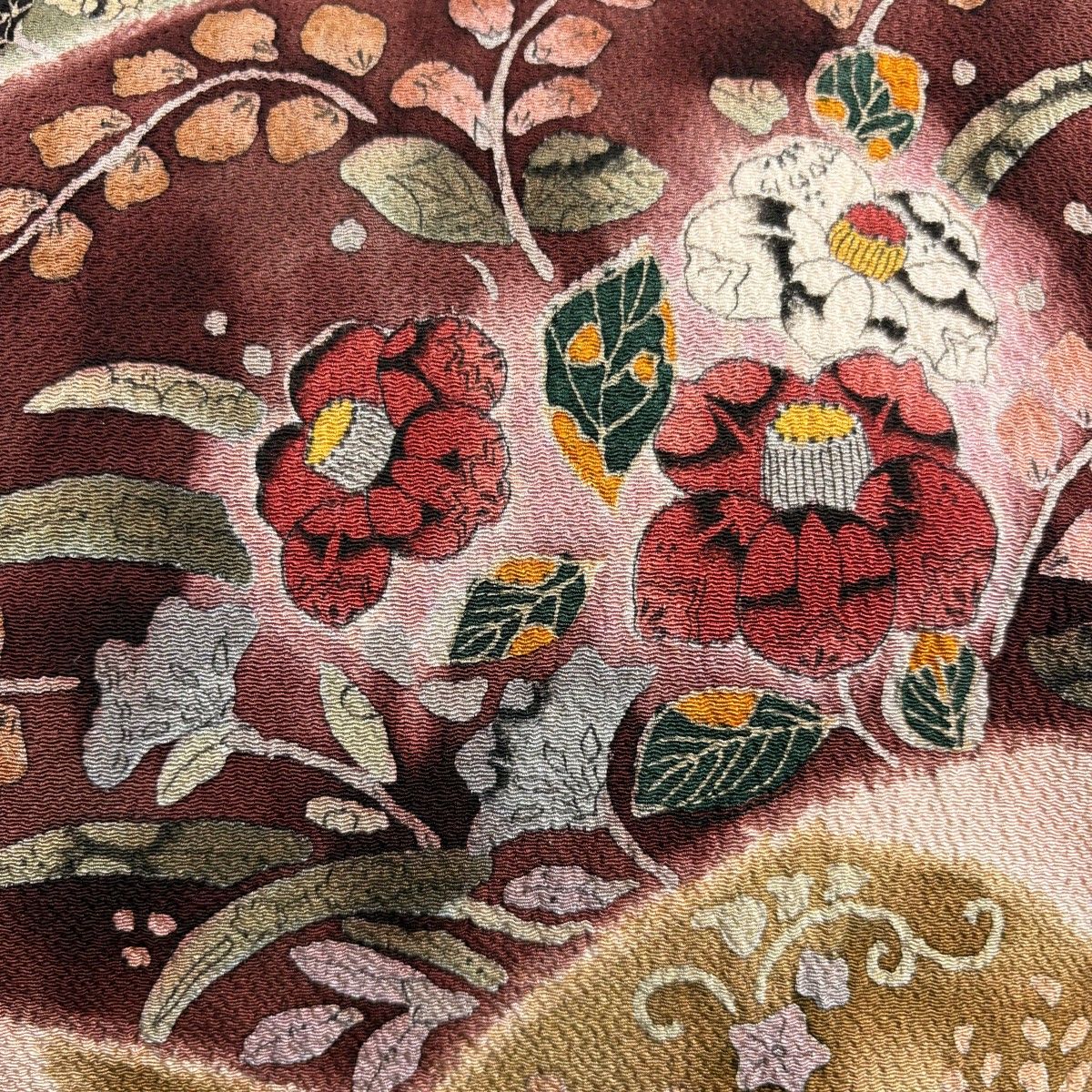 名古屋帯 秀品 落款 扇面 草花 縮緬 ピンク 正絹