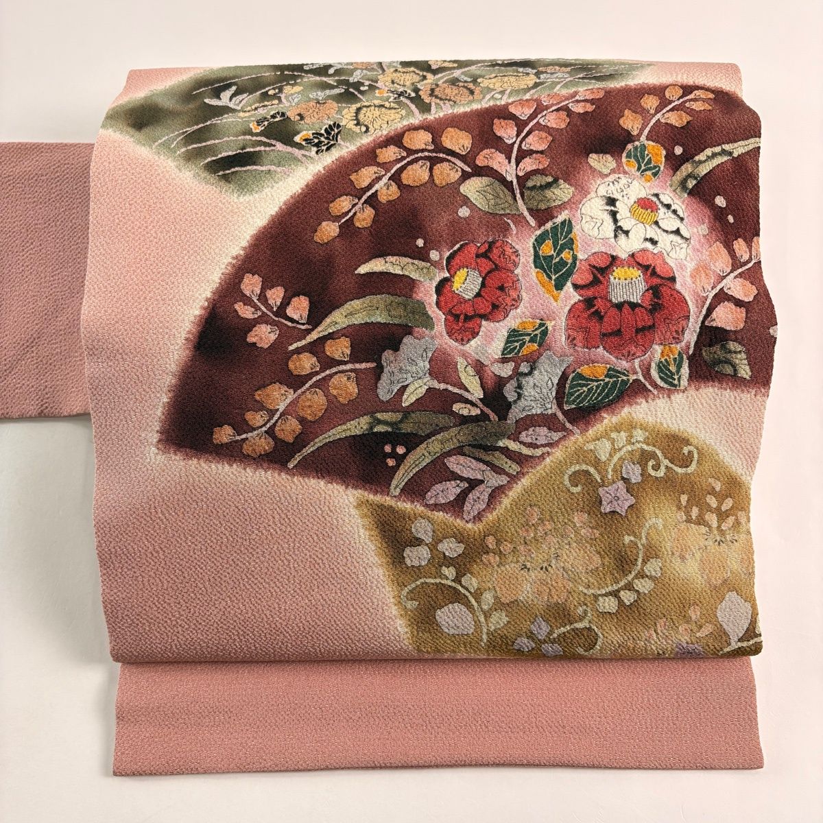 名古屋帯 秀品 落款 扇面 草花 縮緬 ピンク 正絹