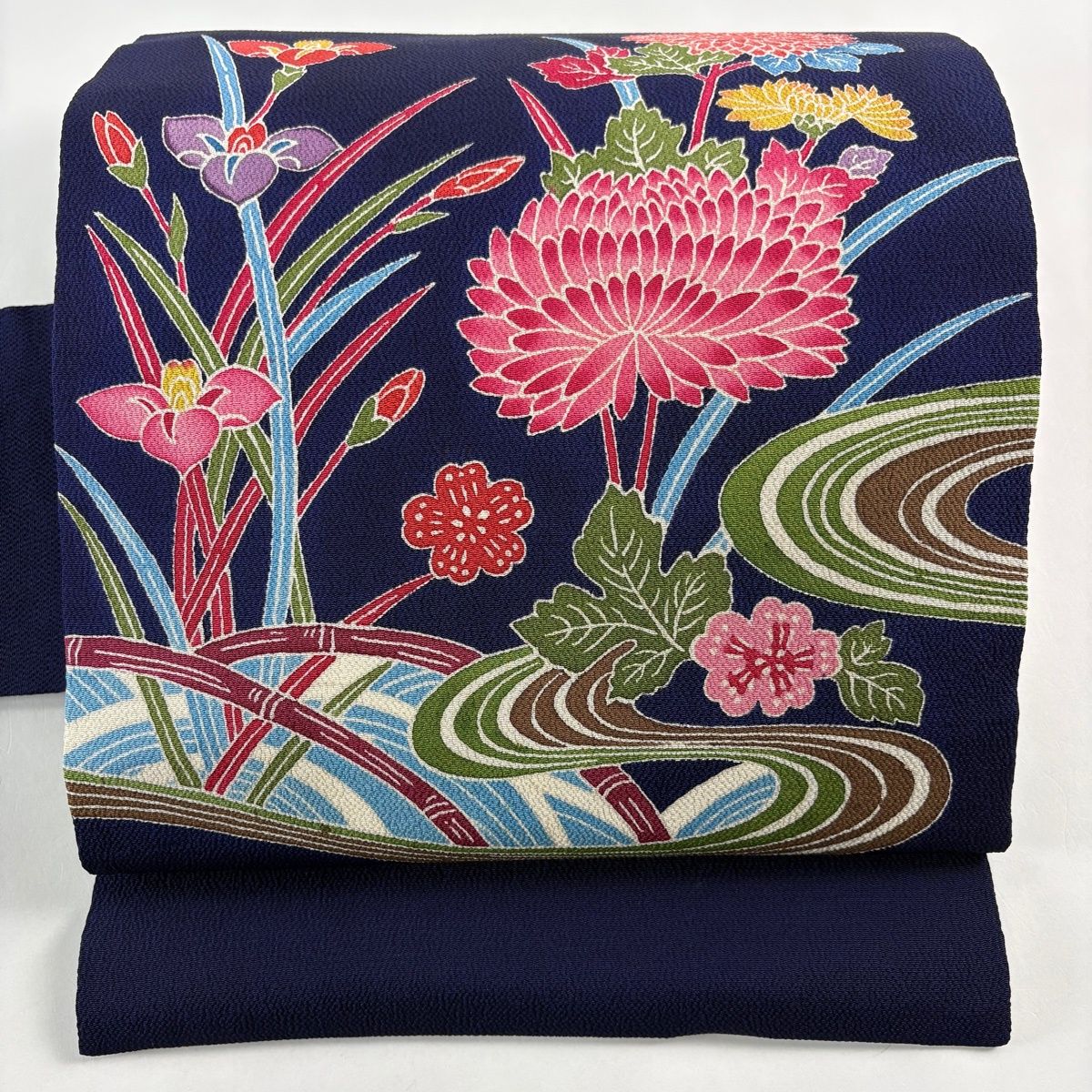 名古屋帯 秀品 草花 流水 縮緬 青紫 正絹