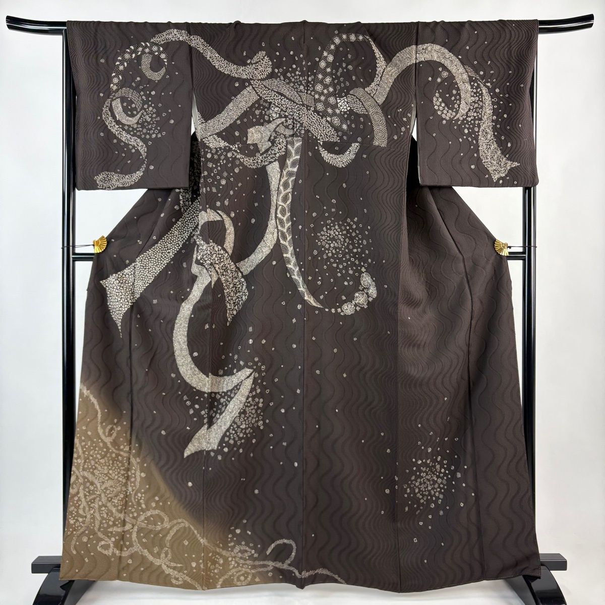 訪問着 身丈163 cm 裄丈67 M 袷 幾何学 地紋 ぼかし 焦茶色 正絹 名品