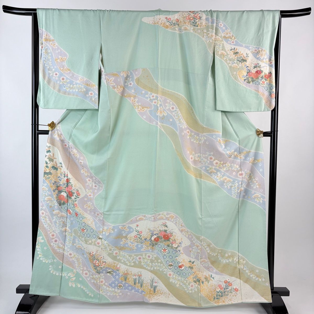 訪問着 身丈165 5 cm 裄丈66 M 袷 菊 鎌倉文 金彩 ぼかし 薄緑 正絹