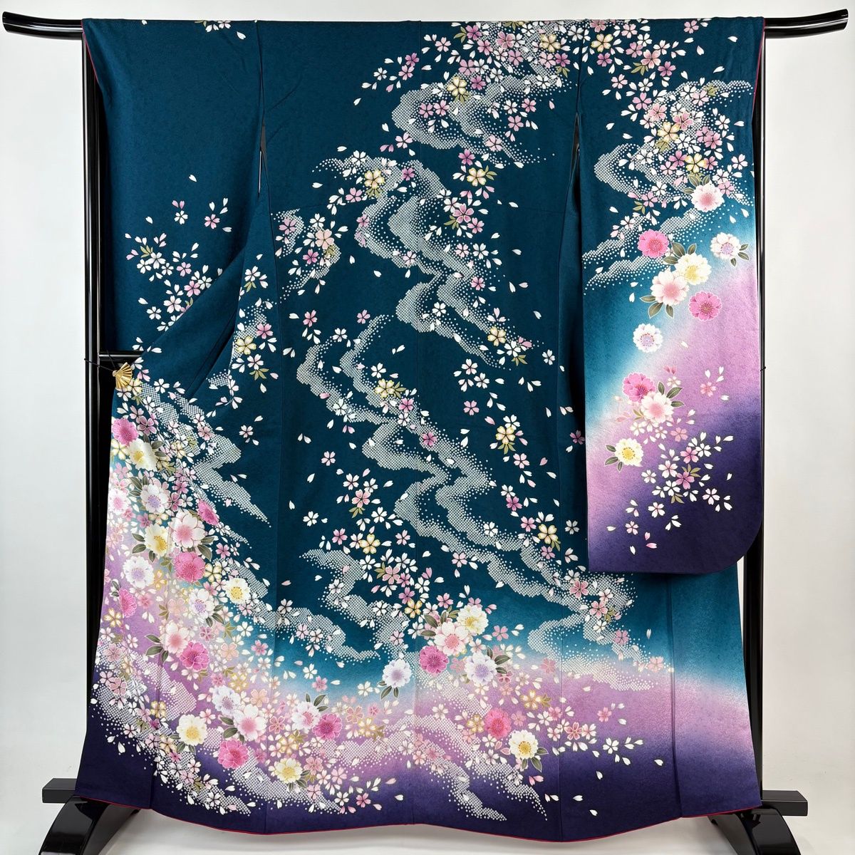 美品】 振袖 身丈164cm 裄丈67cm M 袷 桜 霞 箔 染め分け 青緑 正絹