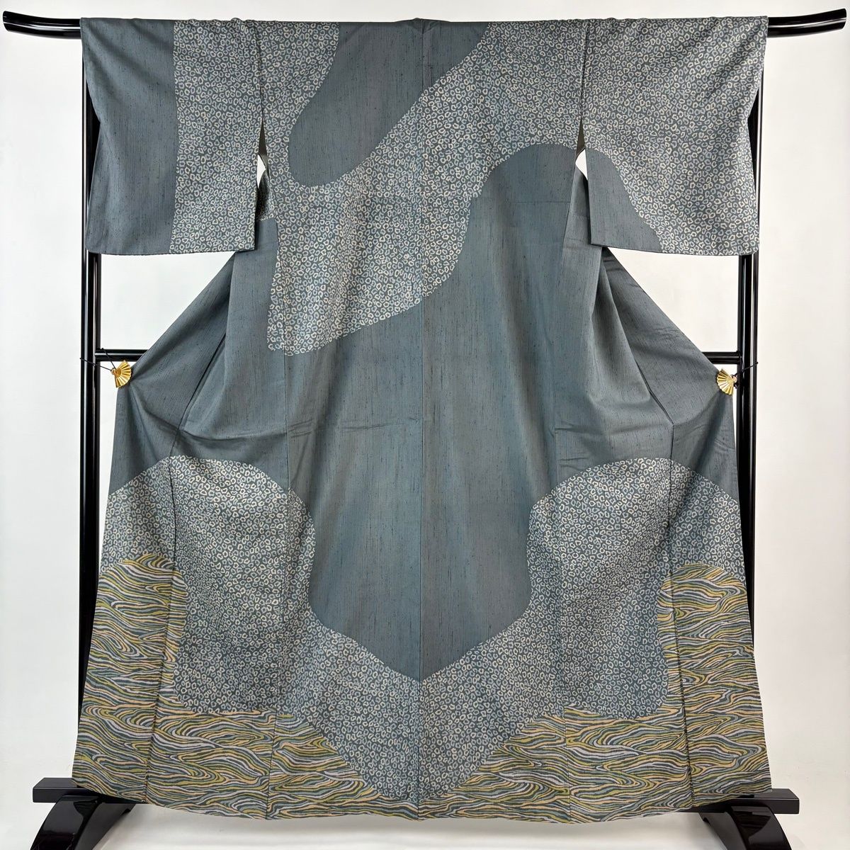 訪問着 身丈163 cm 裄丈67 M 袷 紬地 幾何学 波 灰緑 正絹