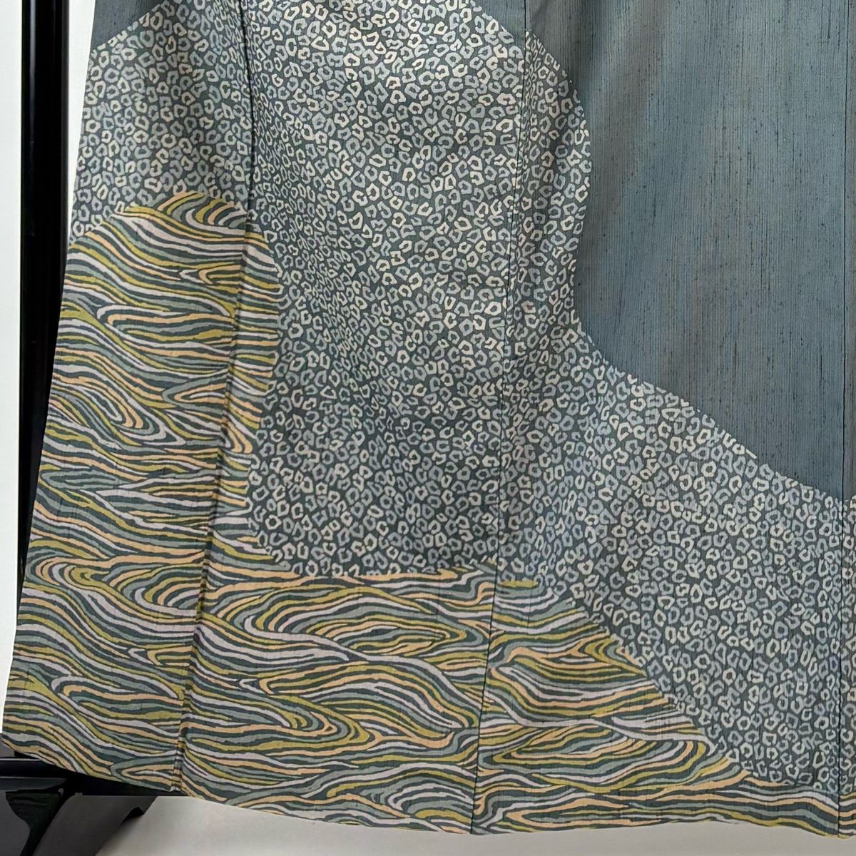 訪問着 身丈163 cm 裄丈67 M 袷 紬地 幾何学 波 灰緑 正絹