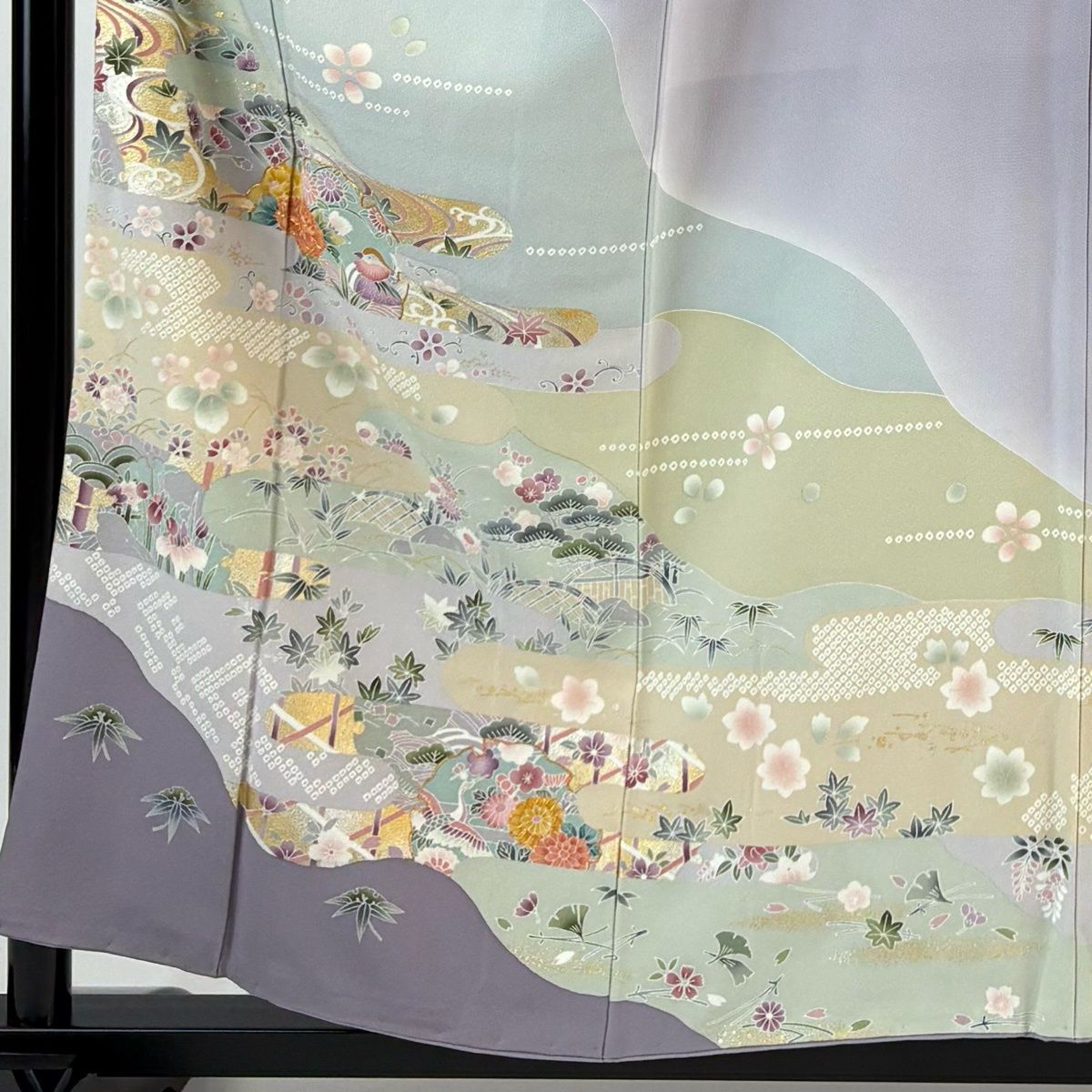 訪問着 身丈158 cm 裄丈65 M 袷 草花 鴛鴦 金糸 金銀彩 薄紫 正絹 名品