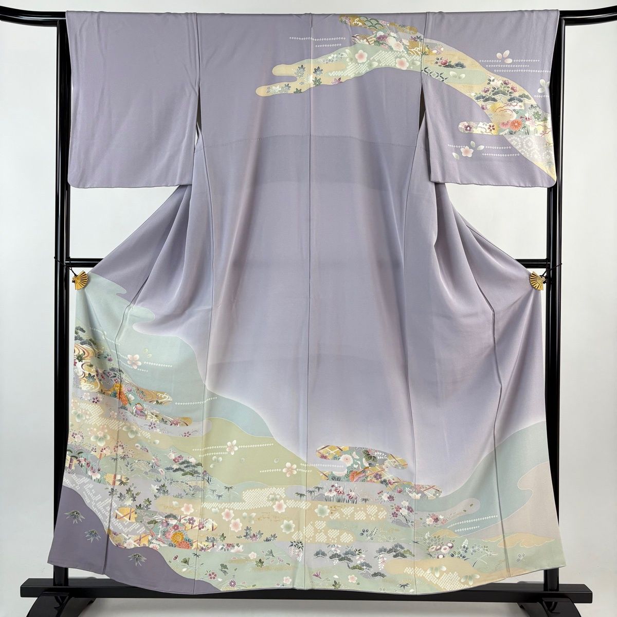 訪問着 身丈158 cm 裄丈65 M 袷 草花 鴛鴦 金糸 金銀彩 薄紫 正絹 名品