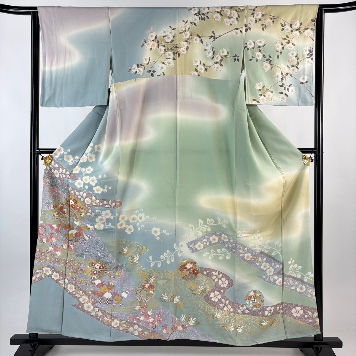 訪問着 身丈158 cm 裄丈64.5 M 袷 雪輪 菊 金糸 金彩 青灰色 正絹