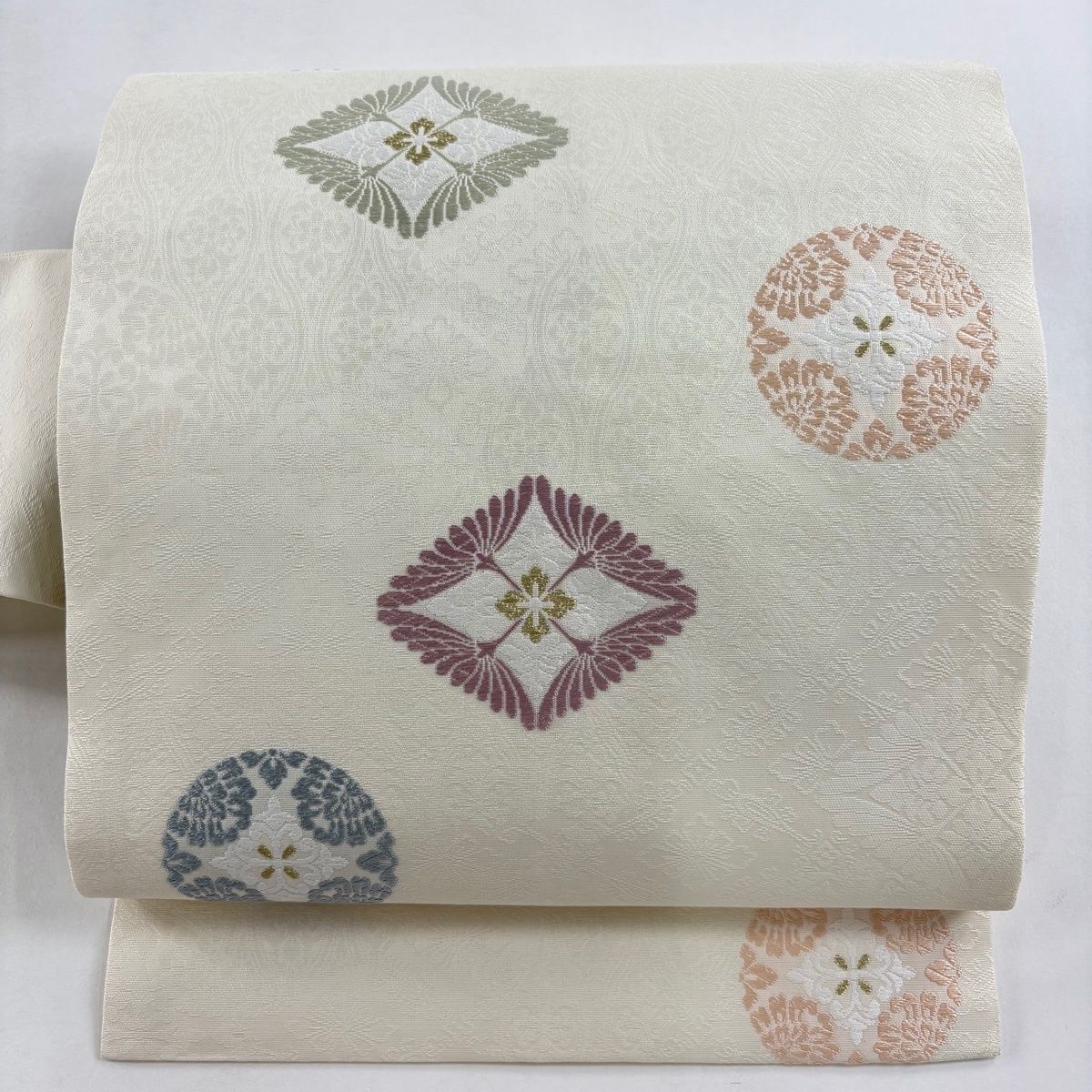 名古屋帯 花菱 刺繍 金糸 クリーム 正絹