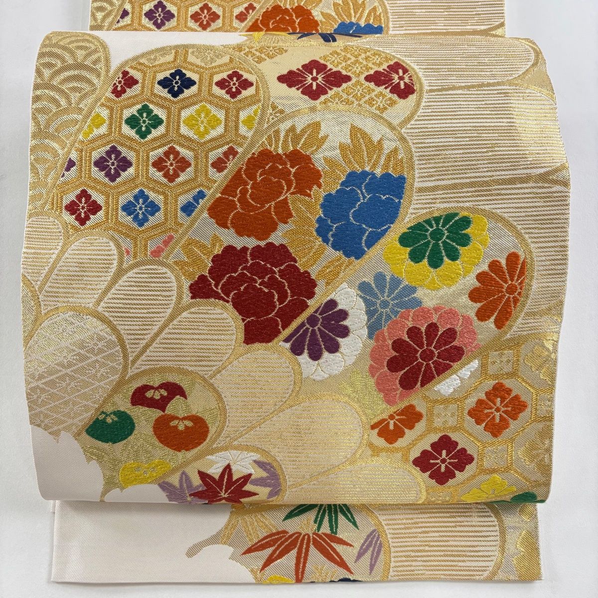 袋帯 名品 川島織物 落款 枝花 有職文様 金糸 刺繍 金色 六通 正絹 【】