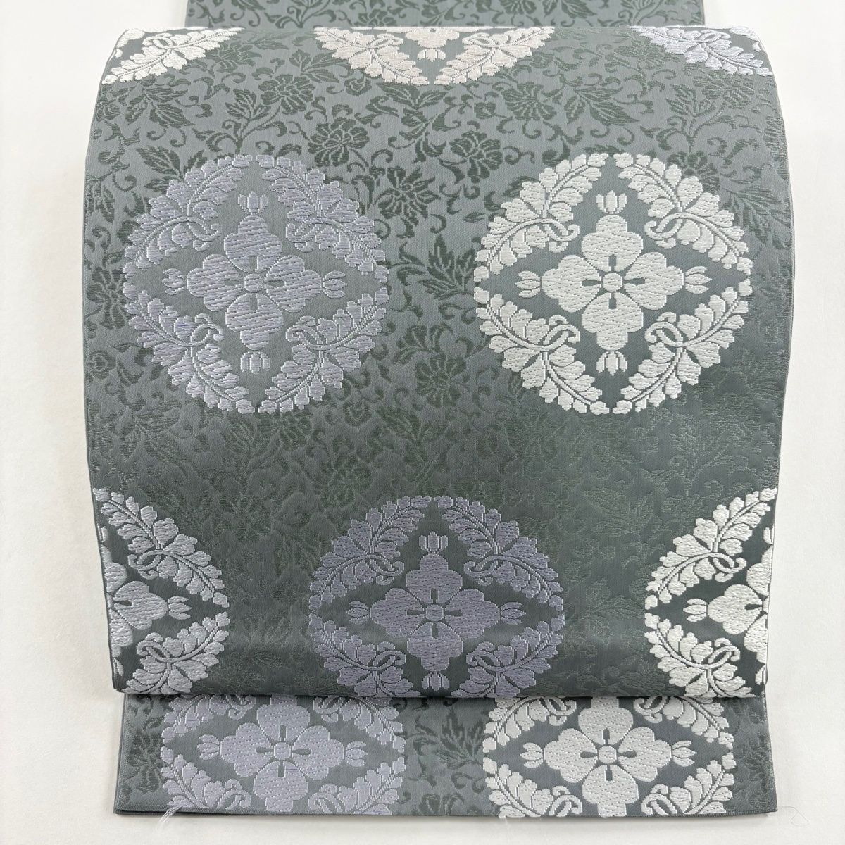 袋帯 名品 本袋 花菱 花唐草 唐織 灰緑 六通 正絹 【】 【公式通販】