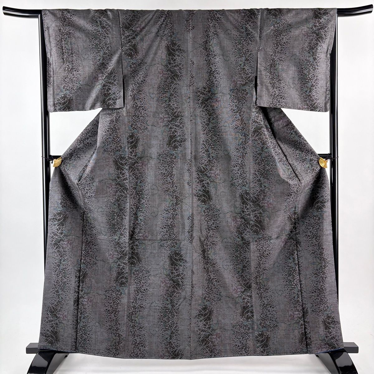  大島紬 身丈163.5 cm 裄丈66 M 袷 純泥染 名古屋帯セット 証紙 草花 縦縞 墨色 正絹 名品 紬 着物