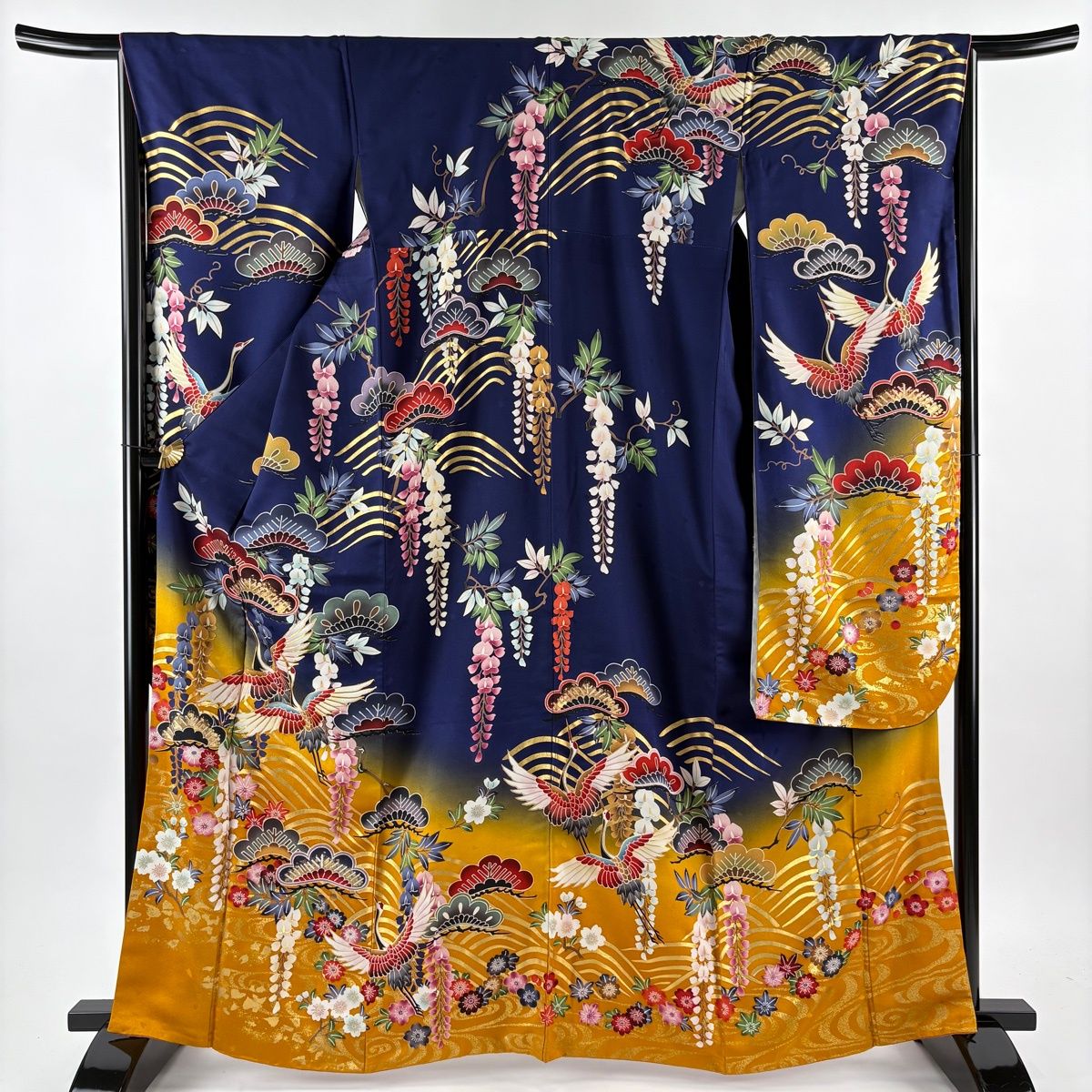 振袖 身丈166cm 裄丈67cm M 袷 袋帯フルセット 鶴 笠松 金糸 金彩 紺色