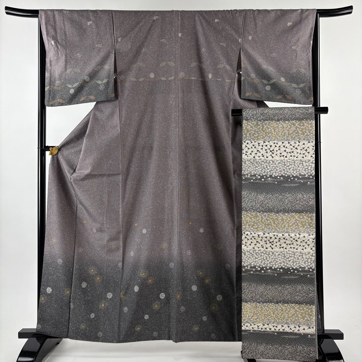 【美品】 付下げ 身丈163cm 裄丈66cm M 袷 袋帯セット 花 金彩 ぼかし 紫 正絹 秀品 【】