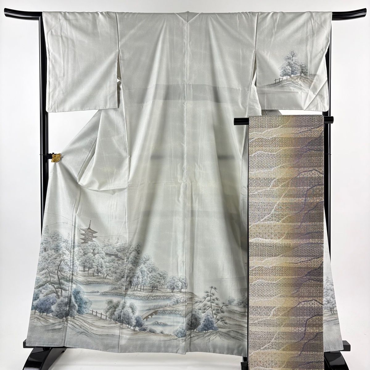 付下げ 身丈163 cm 裄丈66 M 袷 紬地 袋帯セット 落款 興福寺 水辺の風景 灰緑 正絹 秀品