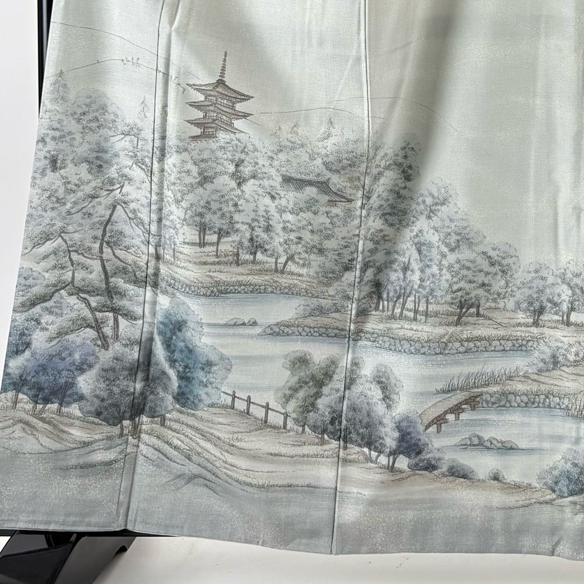 付下げ 身丈163 cm 裄丈66 M 袷 紬地 袋帯セット 落款 興福寺 水辺の風景 灰緑 正絹 秀品