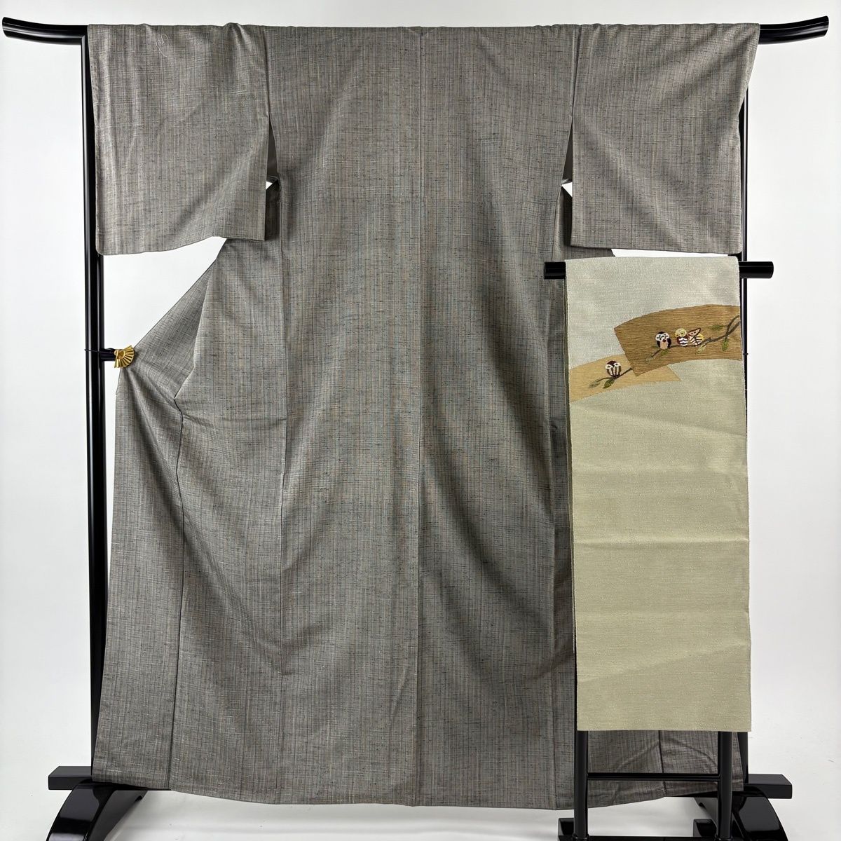 紬 身丈163.5 cm 裄丈67.5 L 袷 ぜんまい紬 名古屋帯セット 縦縞 灰色 正絹