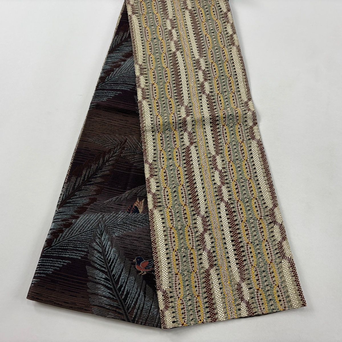 半幅帯 秀品 やまと 幾何学模様 金糸 ベージュ 正絹