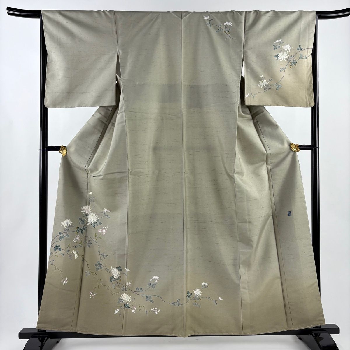 訪問着 身丈159 5 cm 裄丈67 M 袷 落款 菊 染分け ぼかし 灰緑 正絹 秀品