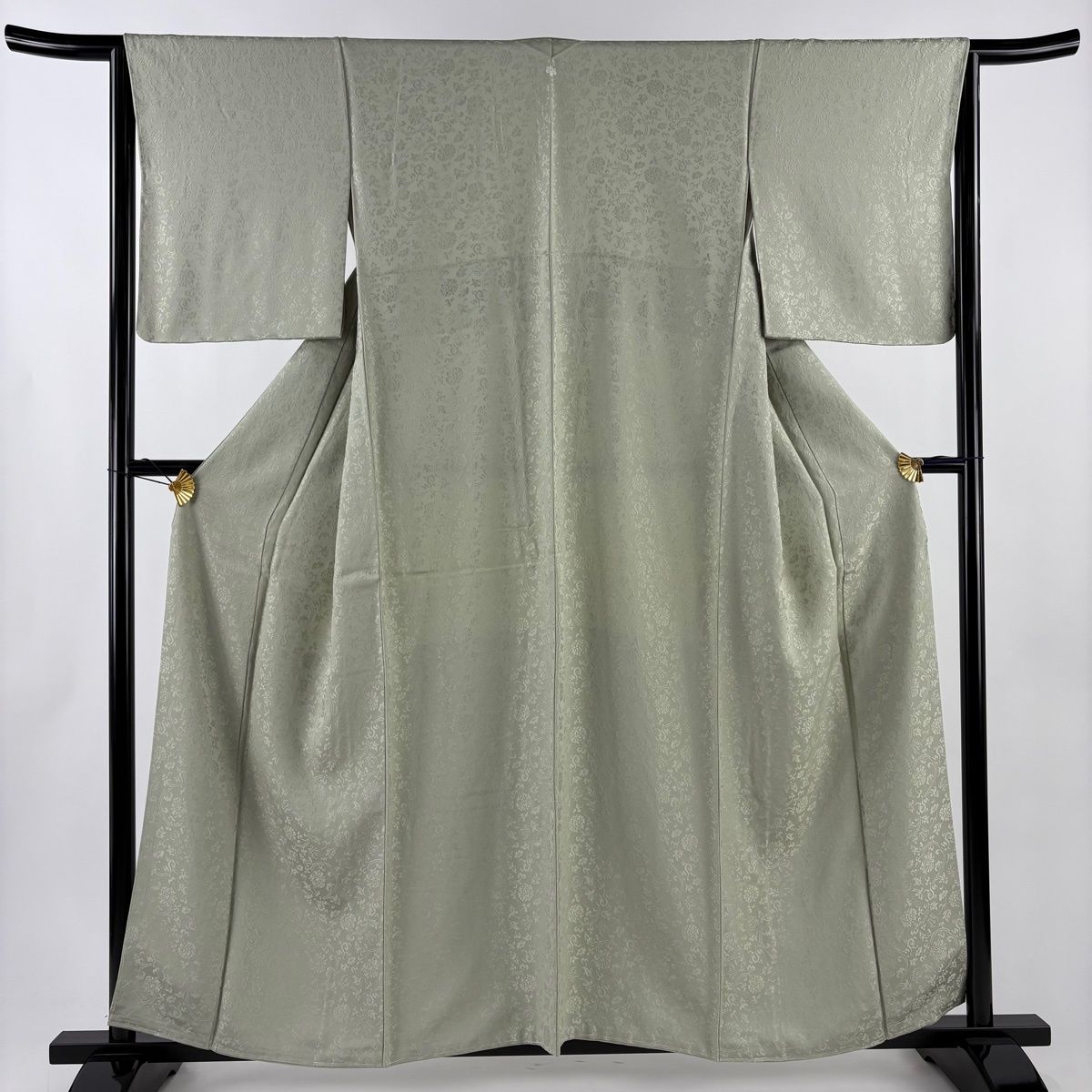 色無地 身丈158 cm 裄丈65 M 袷 地紋 灰緑 正絹 秀品 一つ紋