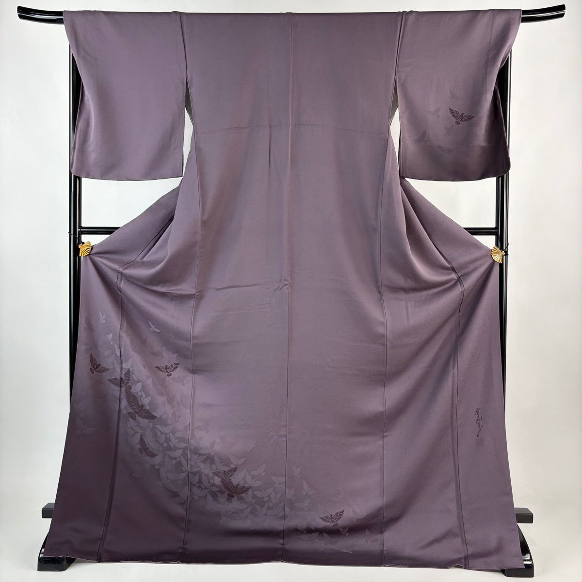 付下げ 身丈177 cm 裄丈69 L 袷 斉藤三才 落款 鳥 地紋 ぼかし 灰紫 正絹 秀品 一つ紋