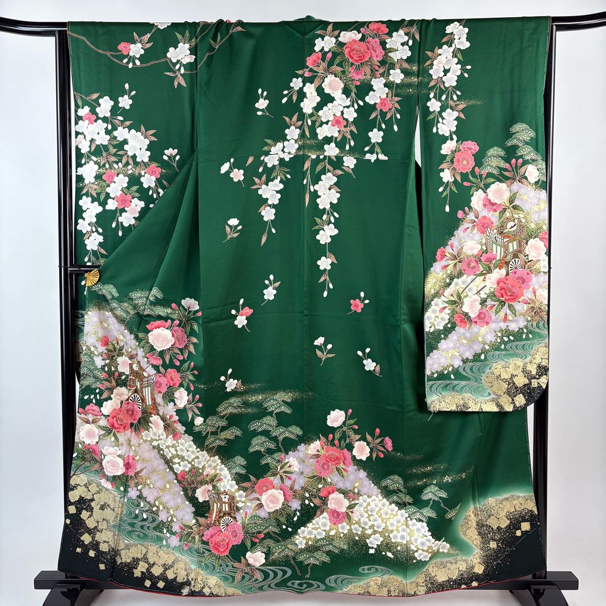 振袖 身丈161cm 裄丈66cm M 袷 御所車 桜 金彩 深緑 正絹 秀品 【】