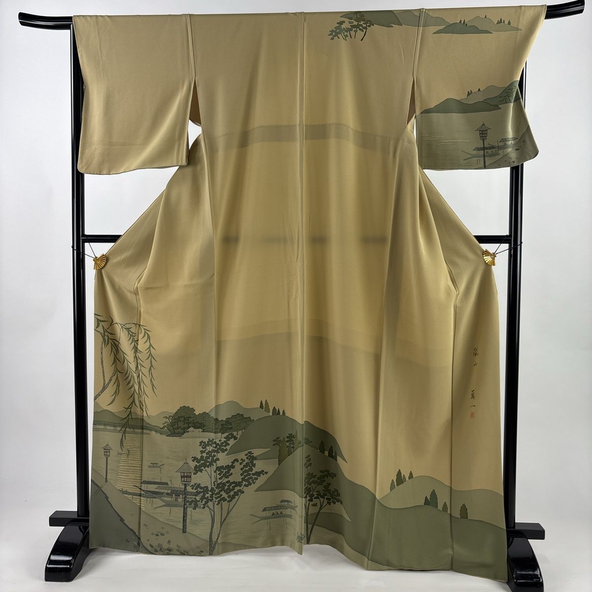訪問着 身丈167 cm 裄丈68.5 L 袷 嵐山 落款 風景 山並み からし色 正絹 秀品