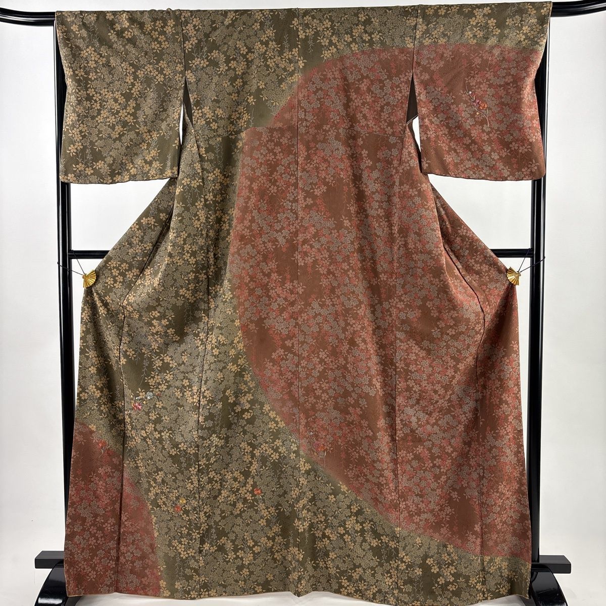 訪問着 身丈167 cm 裄丈67 M 袷 桜 刺繍 金糸 茶緑色 正絹 秀品