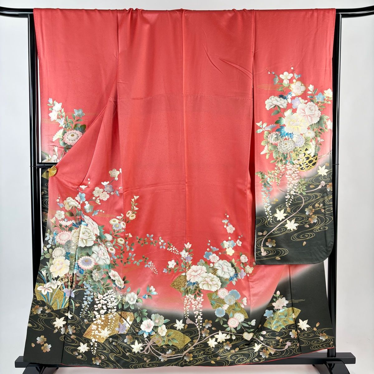 振袖 身丈160cm 裄丈66.5cm M 袷 花車 流水 金銀彩 染分け サーモン